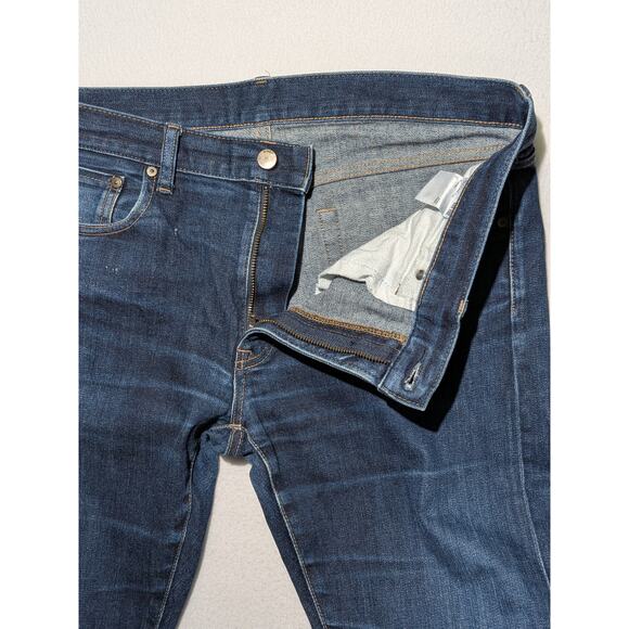 UNIQLO Slim Straight Jeans Japanese Kaihara Denim Low Rise Dark Wash 35x32 - Picture 10 of 16